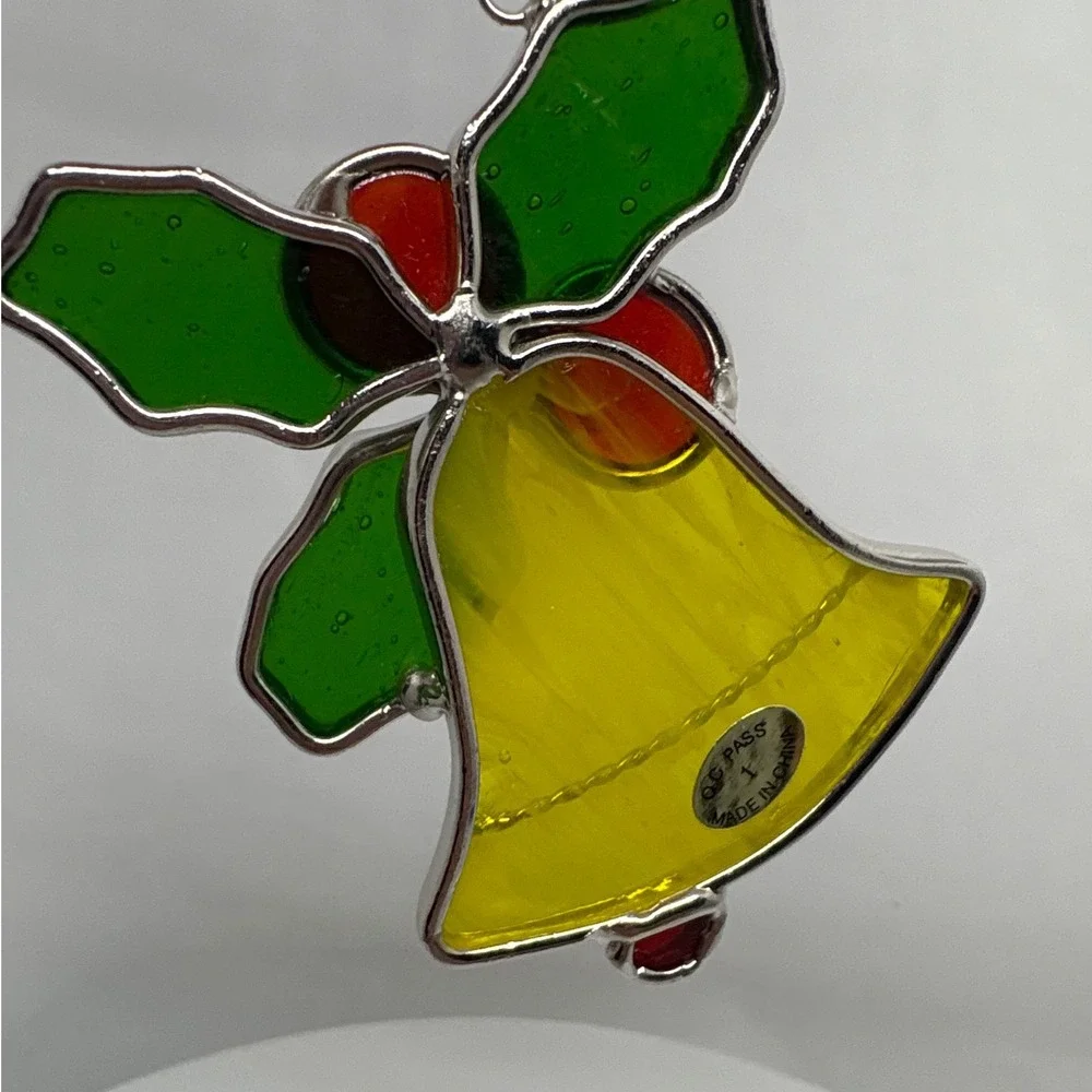 Stained Glass Bell Ornament Holly Berries Christmas Tree Decor Festive Red Green